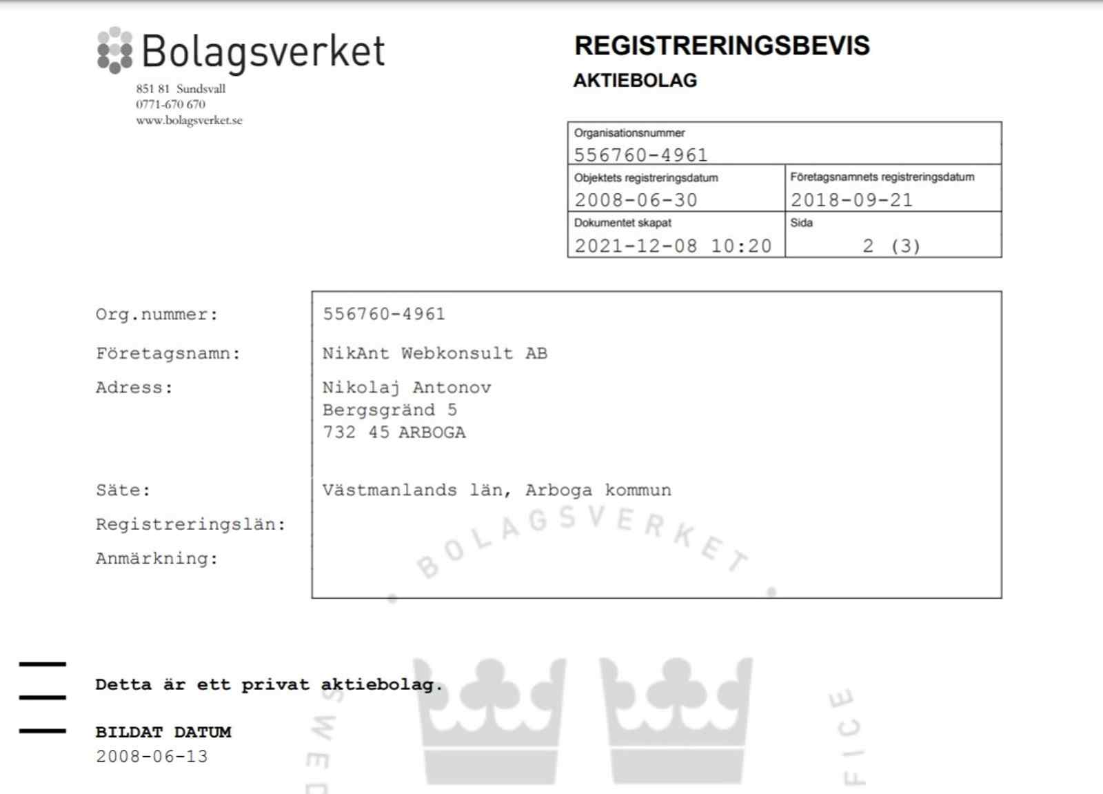 The registration certificate of Bolagsverket to Marketing Agency NikAnt Webkonsult AB