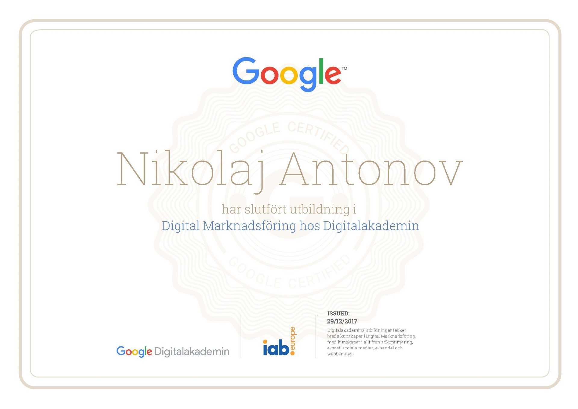 Intyget Google Digitalakademin av Nikolaj Antonov